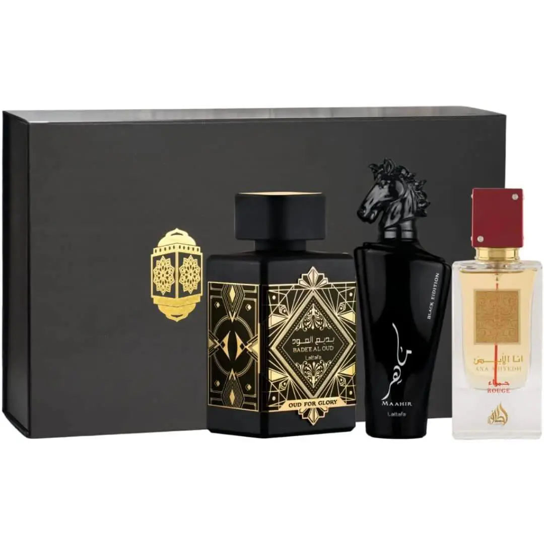 Lattafa Badee Al Oud For Glory Maahir Black Ana Abiyedh Rouge EDP100ml in Magnetic Box