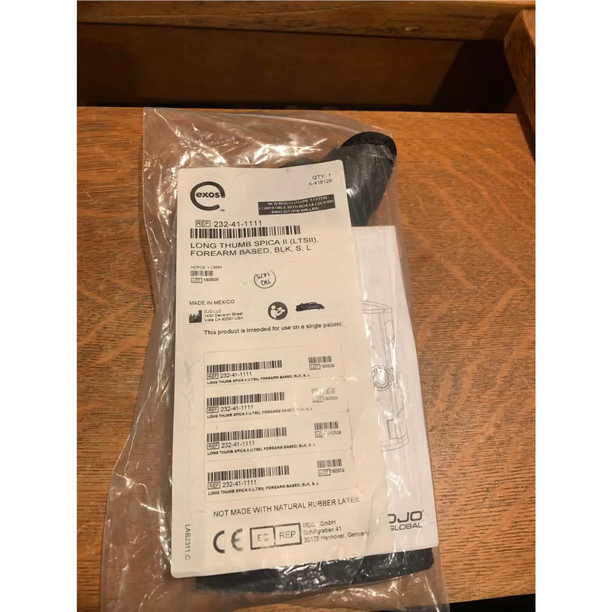 Djo Exos Long Thumb Spica Brace Open Thumb Left Size Sm 232-41-1111