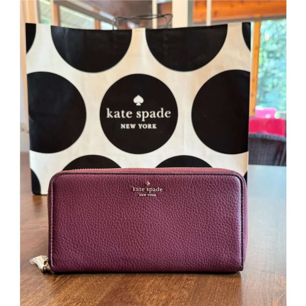 Kate Spade Lena Large Continental Wallet Pebbled Leather Cherrywood Zip Around