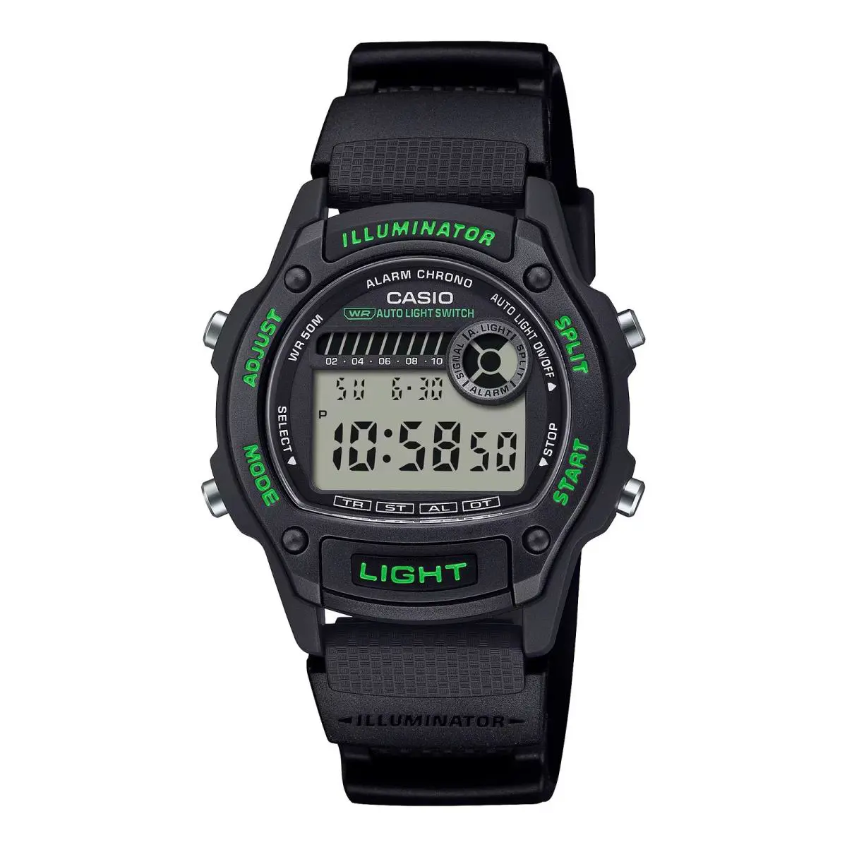 Casio Men’s Black Digital Watch with Green Accents - W-220H-1A3VCF