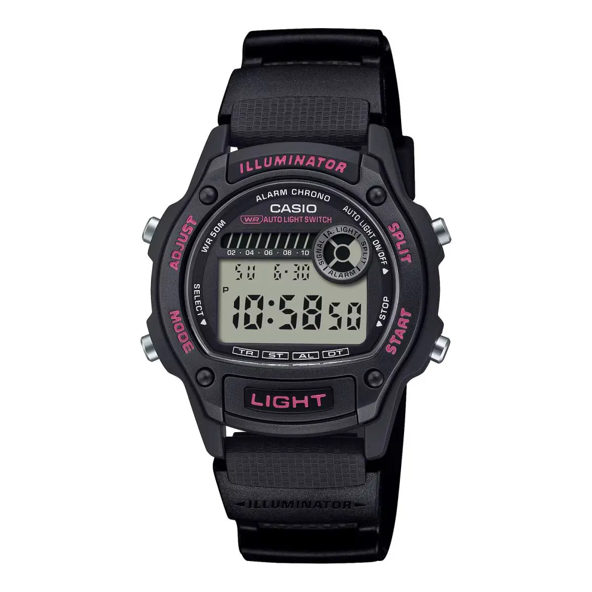 Casio Men’s Black Digital Watch with Gray Dial and Pink Accents - W-220H-1A2V