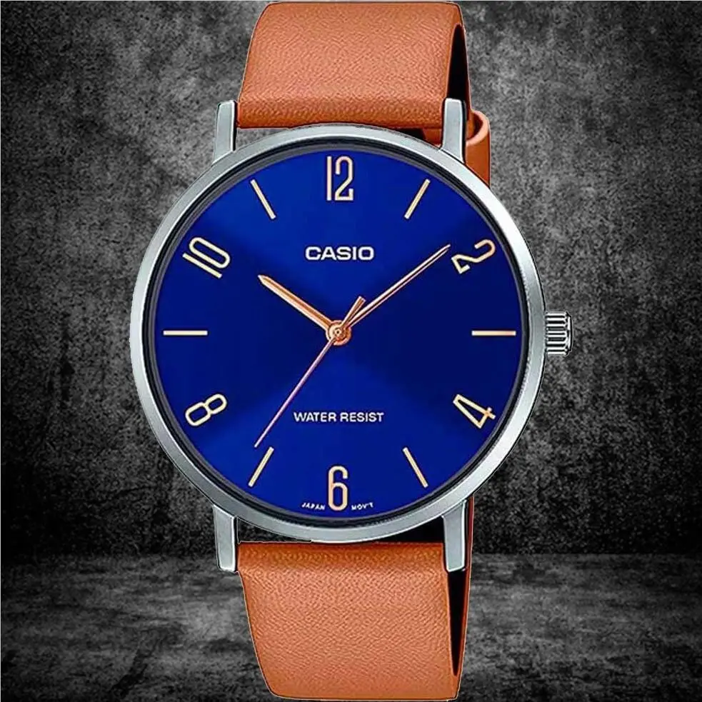 Casio MTP-VT01L-2B2 Men`s Blue Dial Analog Watch Brown Leather Band