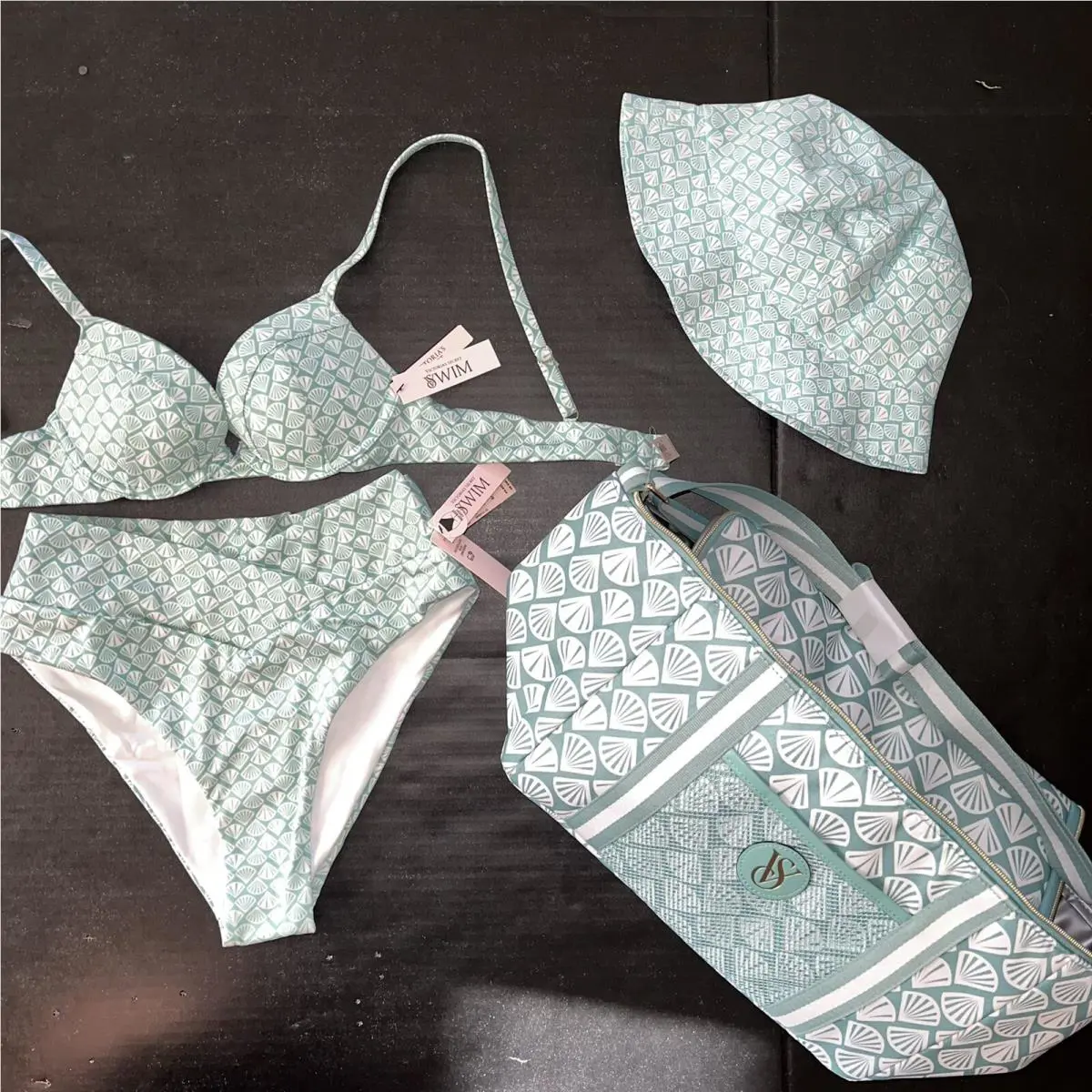 Victoria`s Secret 32A Bikini S High-waist Bottom+cooler Bag+hat Teal Green Shell