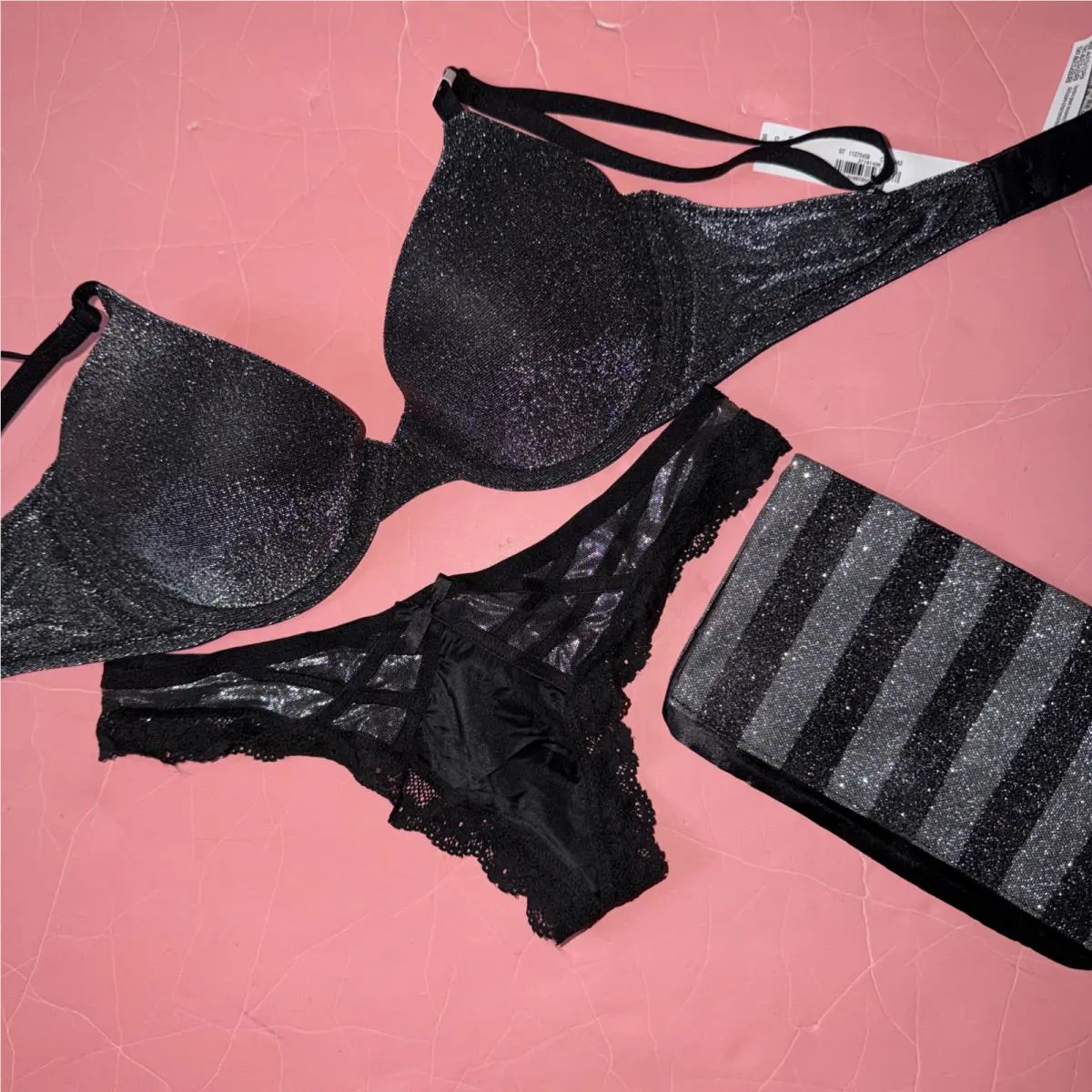 Victoria`s Secret 32C Bra Set Thong+make Up Bag/clutch Shimmer Silver Gray Black