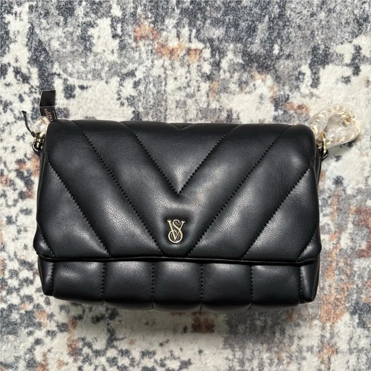 Victoria`s Secret Medium Flap Crossbody Bag Black with Golden Cha