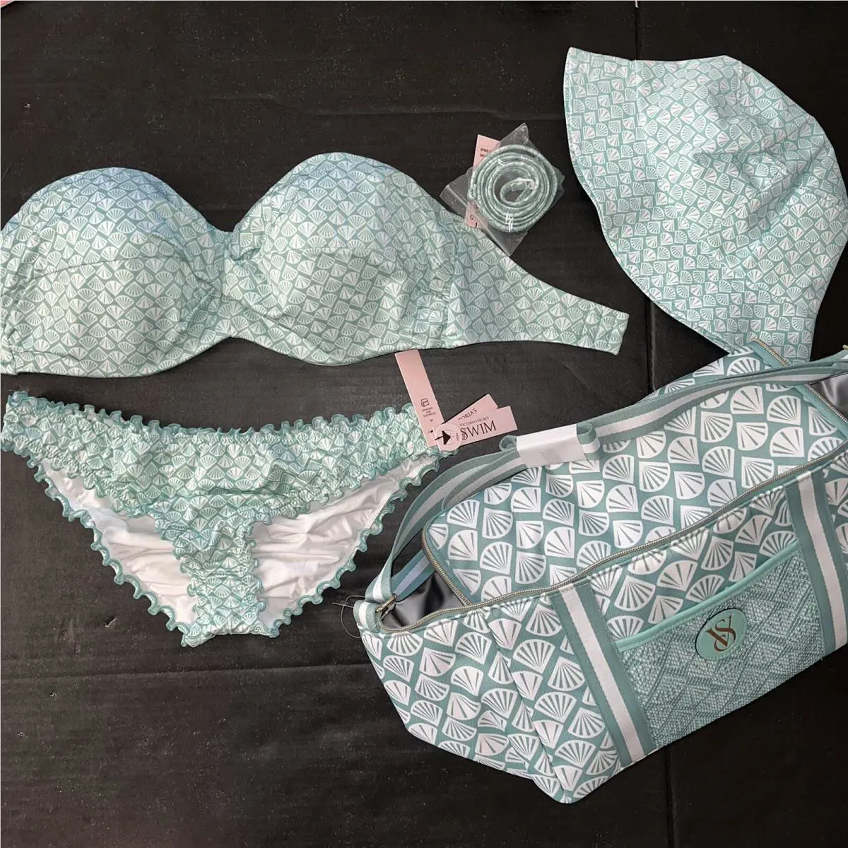Victoria`s Secret 34DDD Bikini M Bottom+cooler Bag+hat Teal Green White Seashell