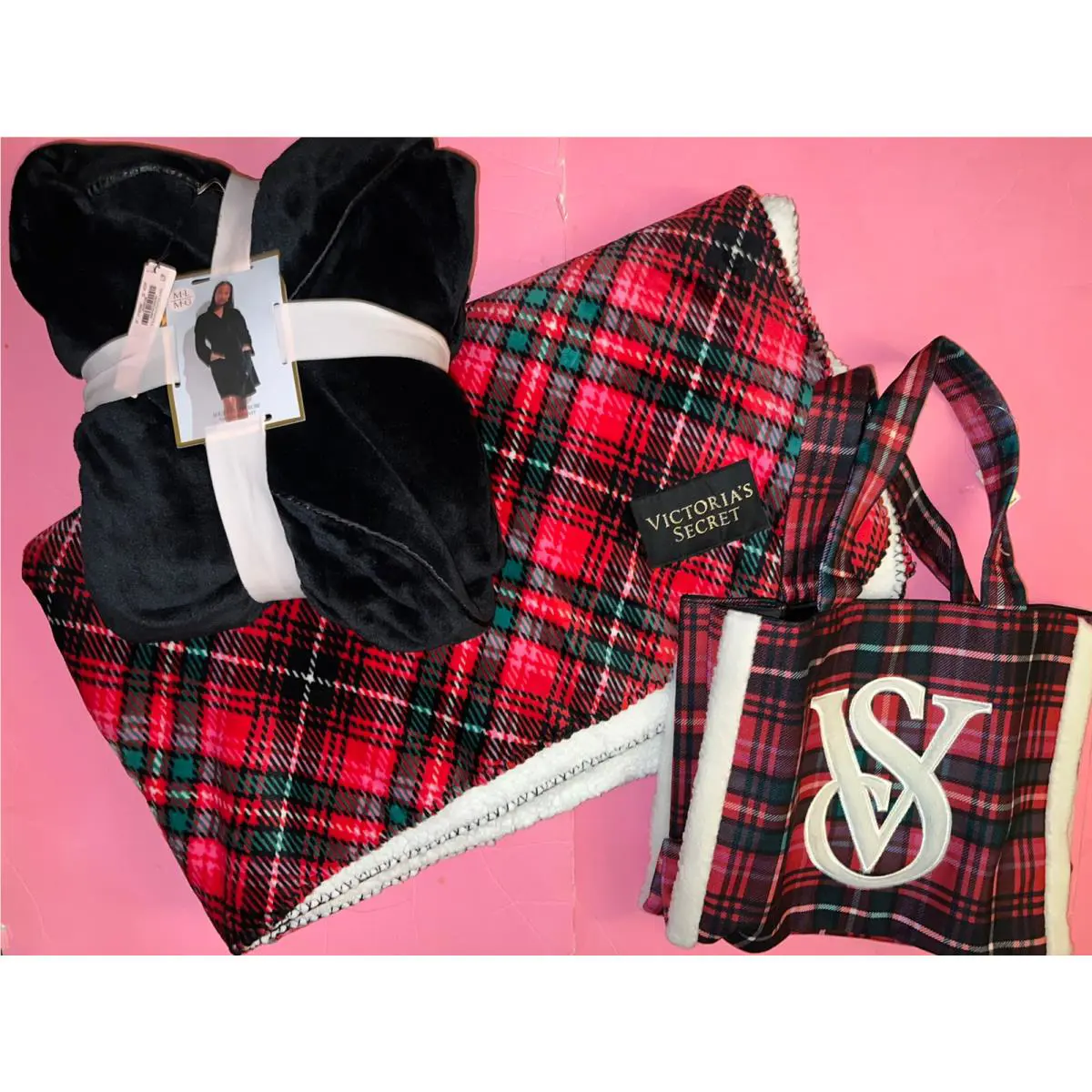 Victoria`s Secret M/l Robe+plush Blanket+bag Green Red Black Plaid Christmas