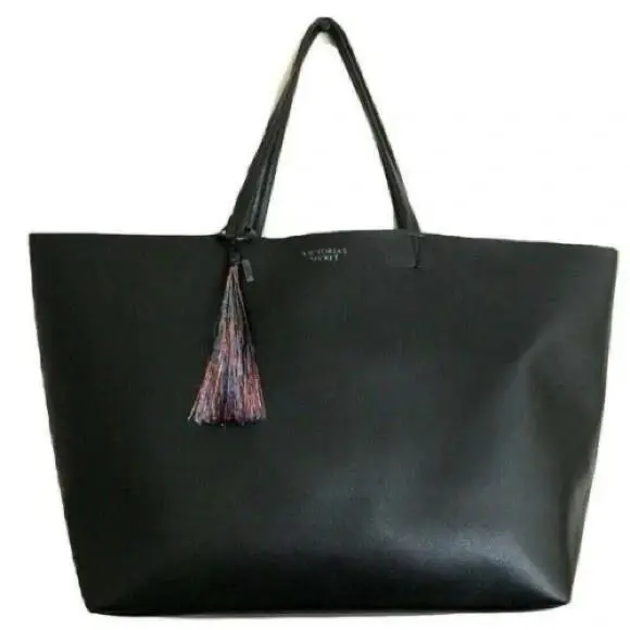Victorias Secret X Large Black Tote Bag Leather Rainbow Tassel 22x13