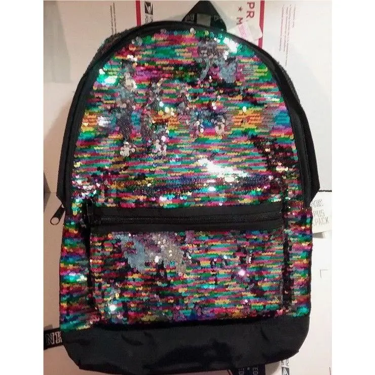 Victoria`s Secret Rainbow Sequin Backpack Pink Campus Bling Book Bag