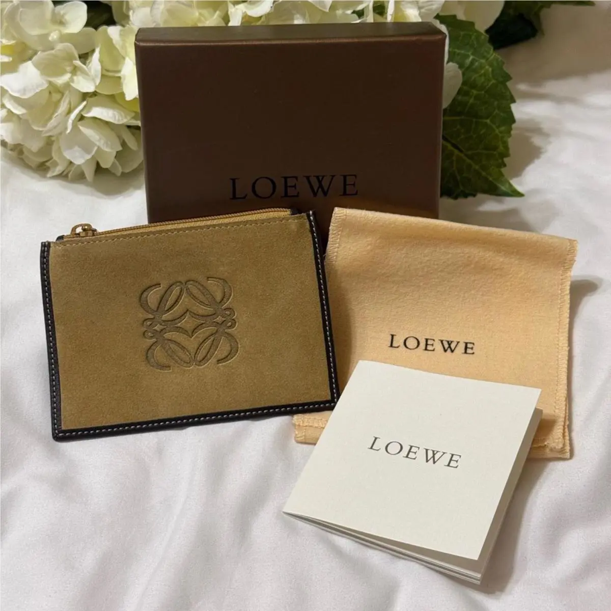 Loewe Tan Suede and Dark Brown Leather Card Holder