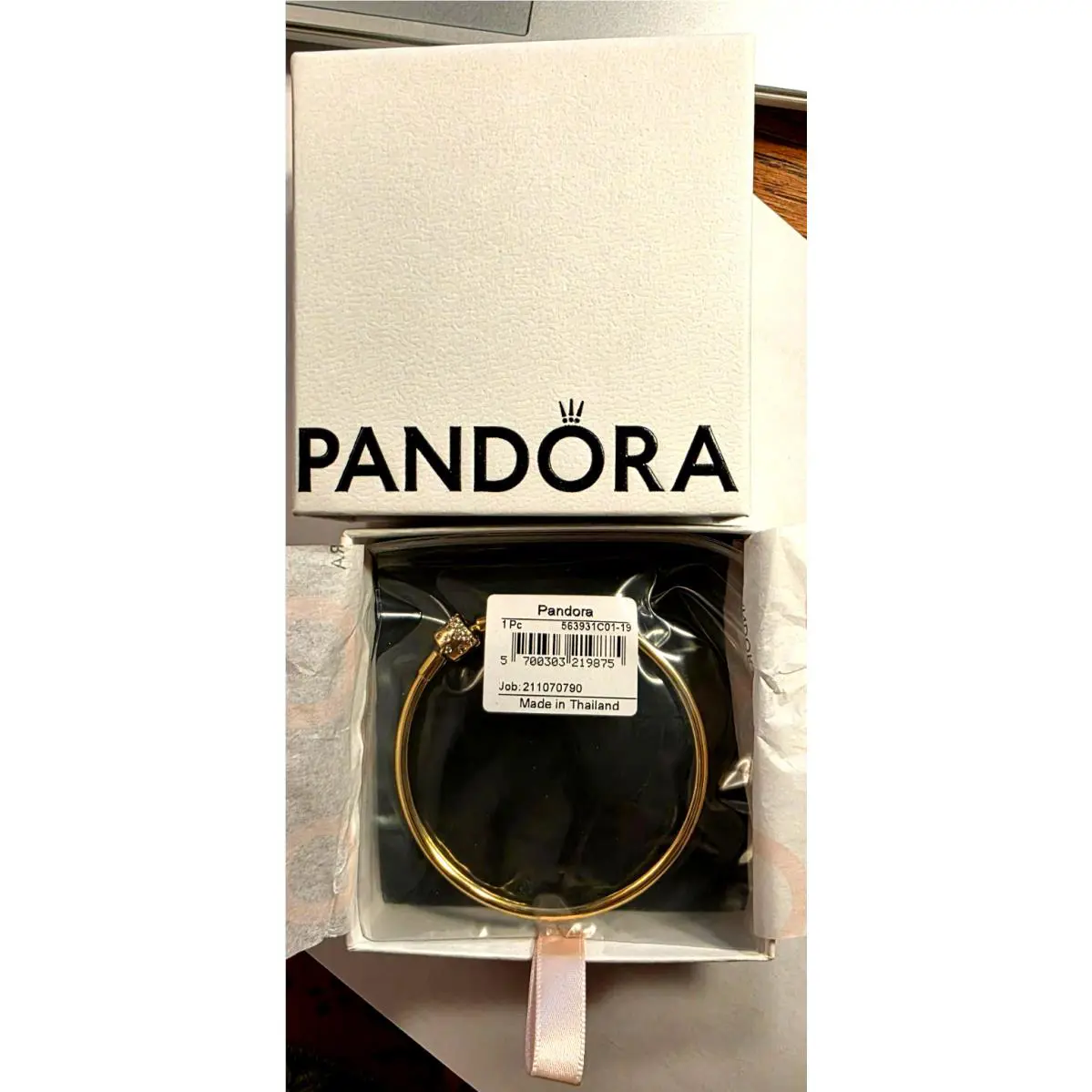 Pandora 14k Gold Plated Bangle Charm Bracelet with Clear Round Stones