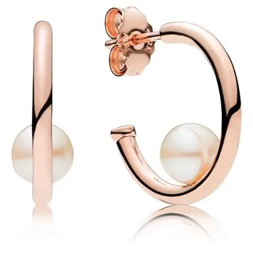 Hoop Earrings in  Rose with 2 Peg-set White Freshwater Cultured p by Pandora