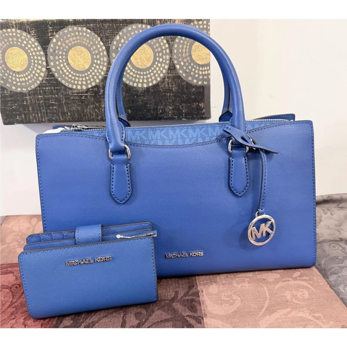 MK Arden Medium Handbag Messenger Satchel Bag + Bifold Wallet Blue by Michael Kors