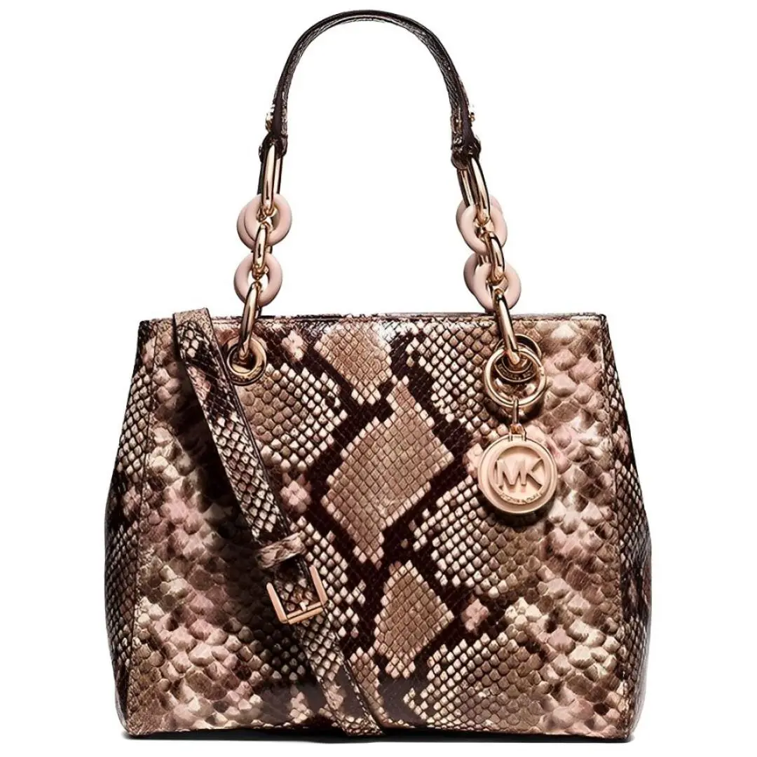 Michael Kors Cynthia Medium Brown Python Embossed Leather Shoulder Bag Purse