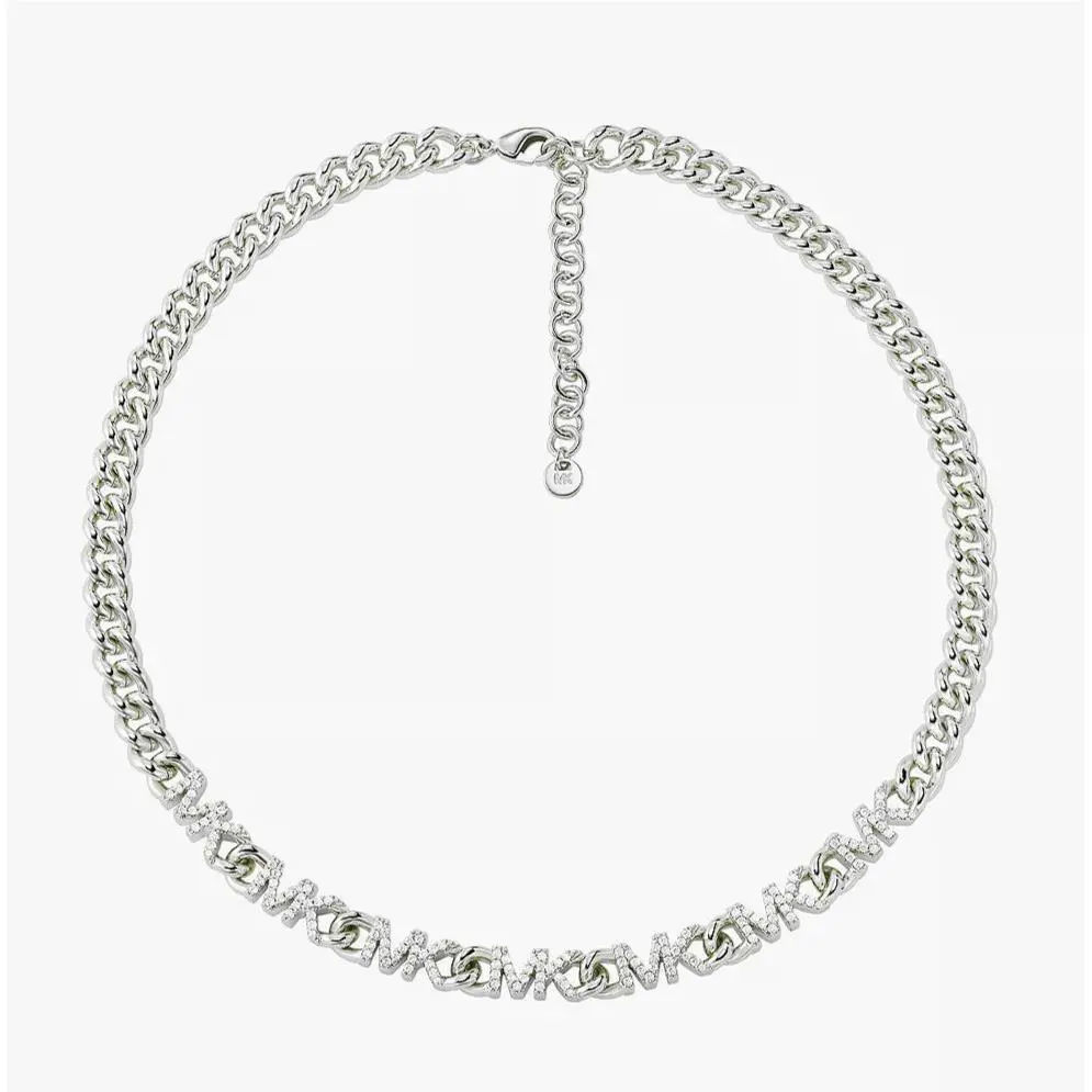Michael Kors Silver Tone Brass Crystal Pave MK Logo Necklace Miami Chain MKJ7960