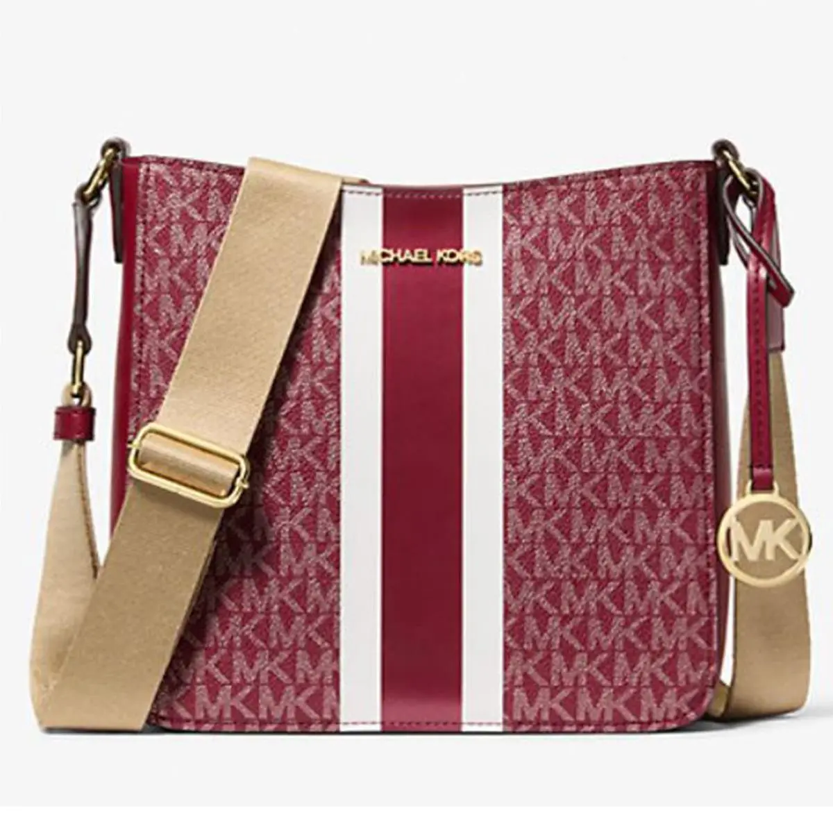 Michael Kors Jet Set Small Signature Logo Stripe Crossbody Bag 35F5GTVC5K-Cherry