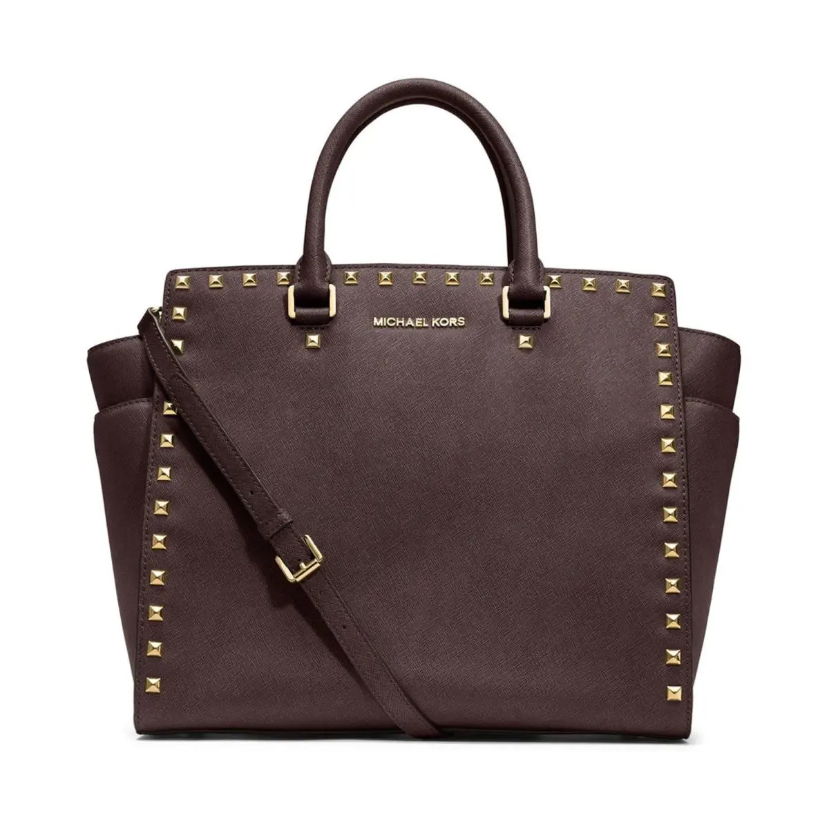 Michael Kors Selma Gold Studded Large Tote Bag Leather Coffee Brown Handbag