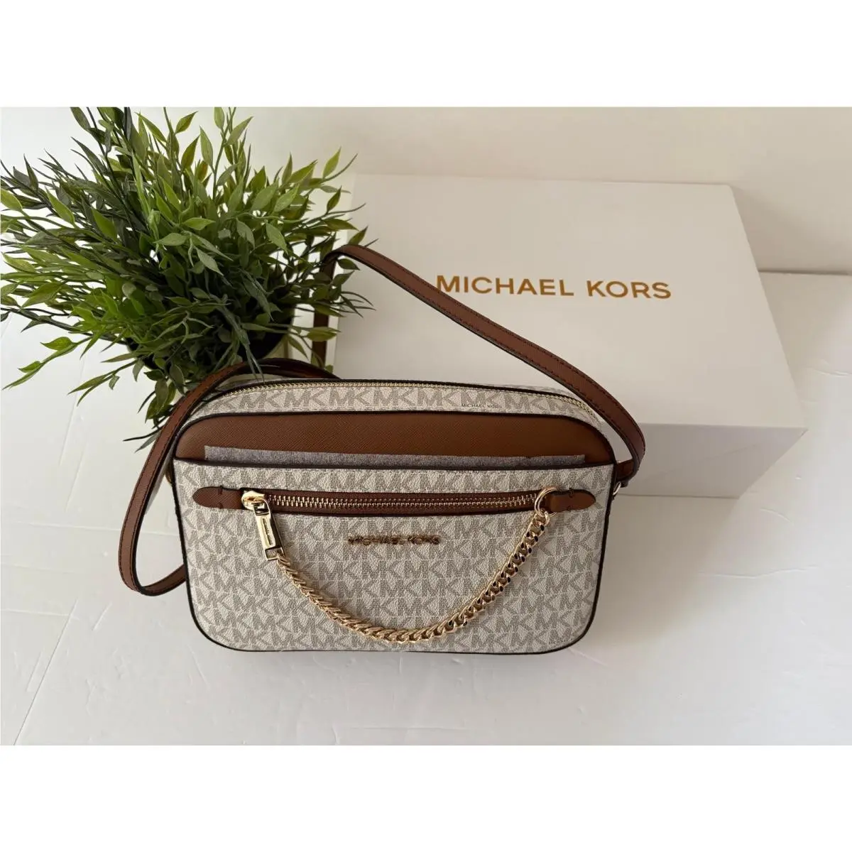 Michael Kors Jet Set Chain Crossbody Vanilla Brown Mk Logo Purse Leather