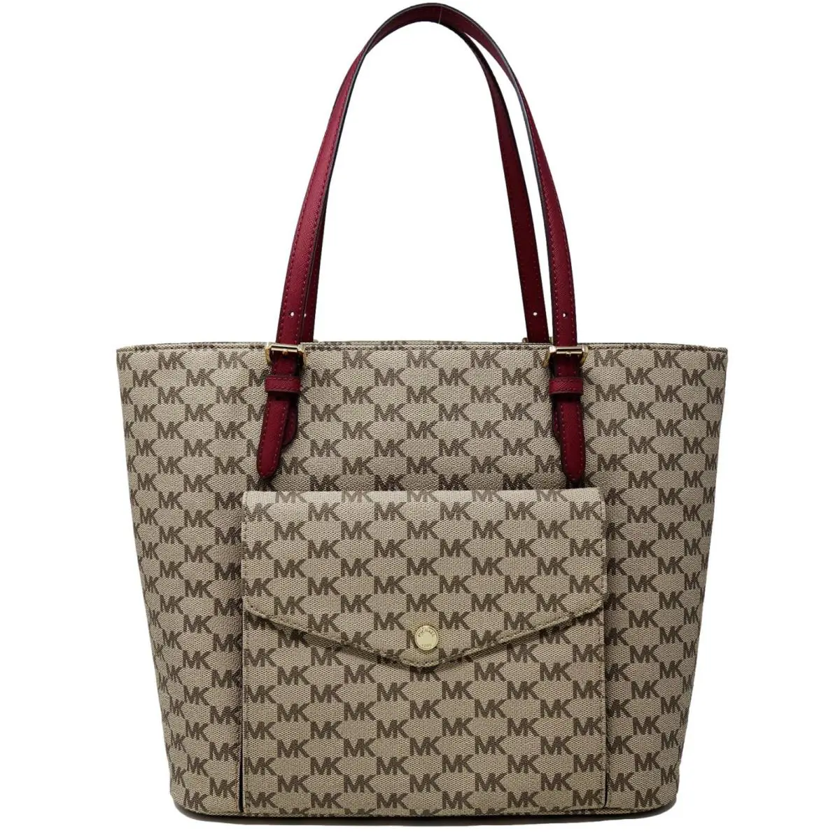 Michael Kors Women`s Beige Burgundy Logo Large Tote Bag Travel Work Handbag