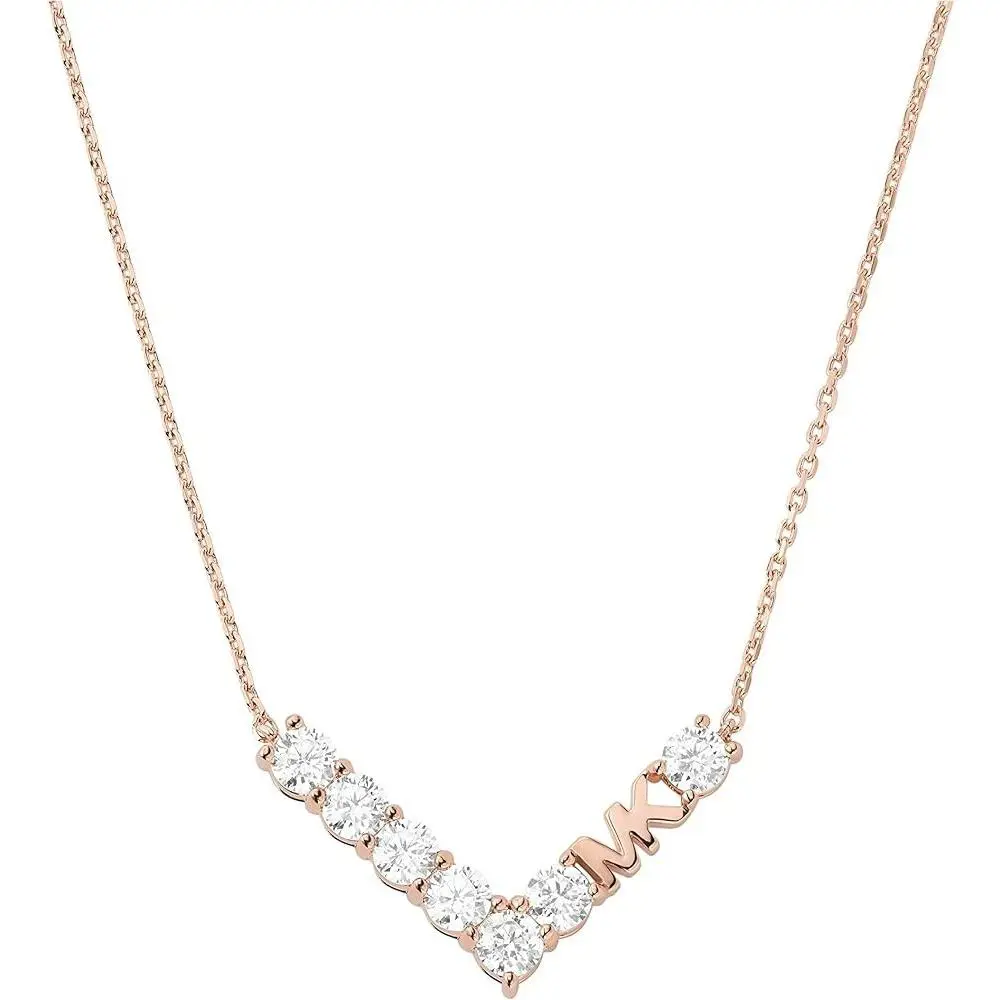 Michael Kors Rose Gold Tone Crystals Logo V Shape Necklace MKJ7315