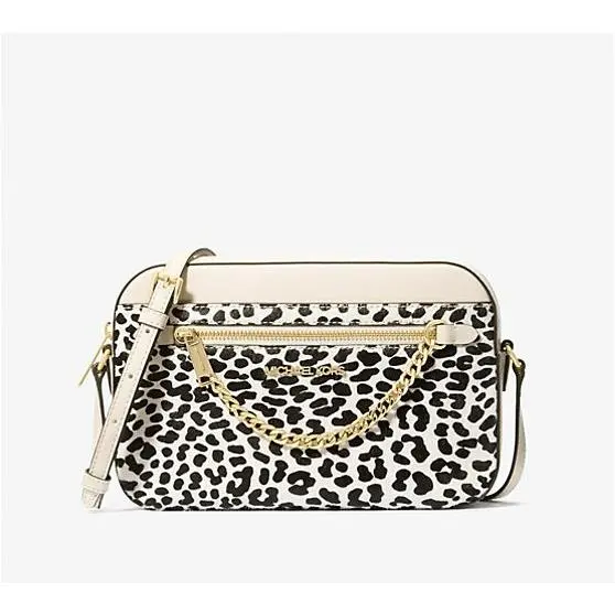 Michael Kors Light Cream Jet Set Large Leopard Print Calf Hair Crossbody Bag