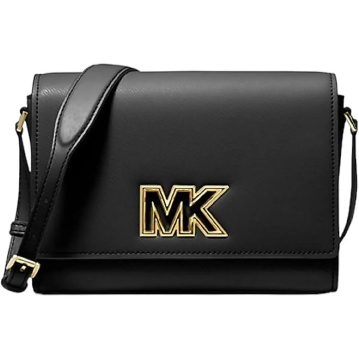 Michael Kors Black Gold Mimi Medium Leather Messenger Crossbody Hand Bag