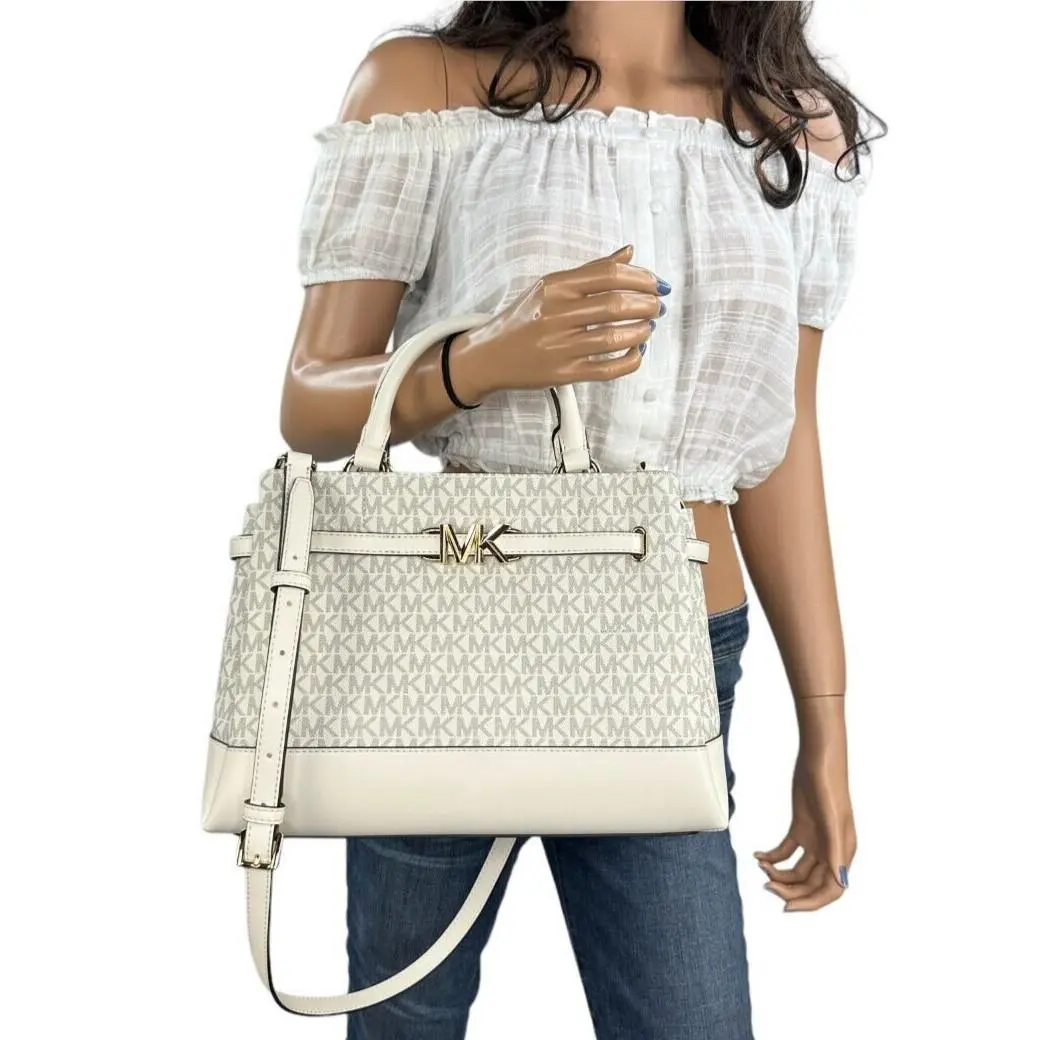 Michael Kors Reed Large Center Zip Belted Satchel Shoulder Bag Light Cream Multi
