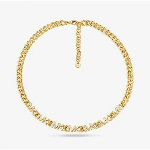 Michael Kors Gold Tone Brass Crystal Pave MK Logo Necklace Miami Chain MKJ7959