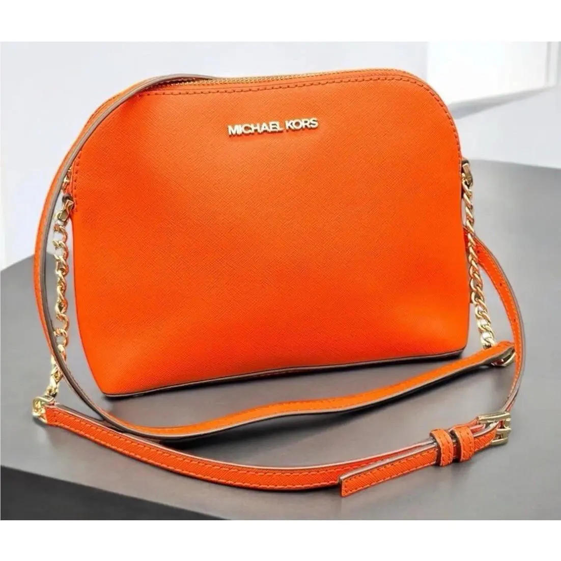 Michael Kors Cindy Large Dome Leather Crossbody Shoulder Bag in Clementine