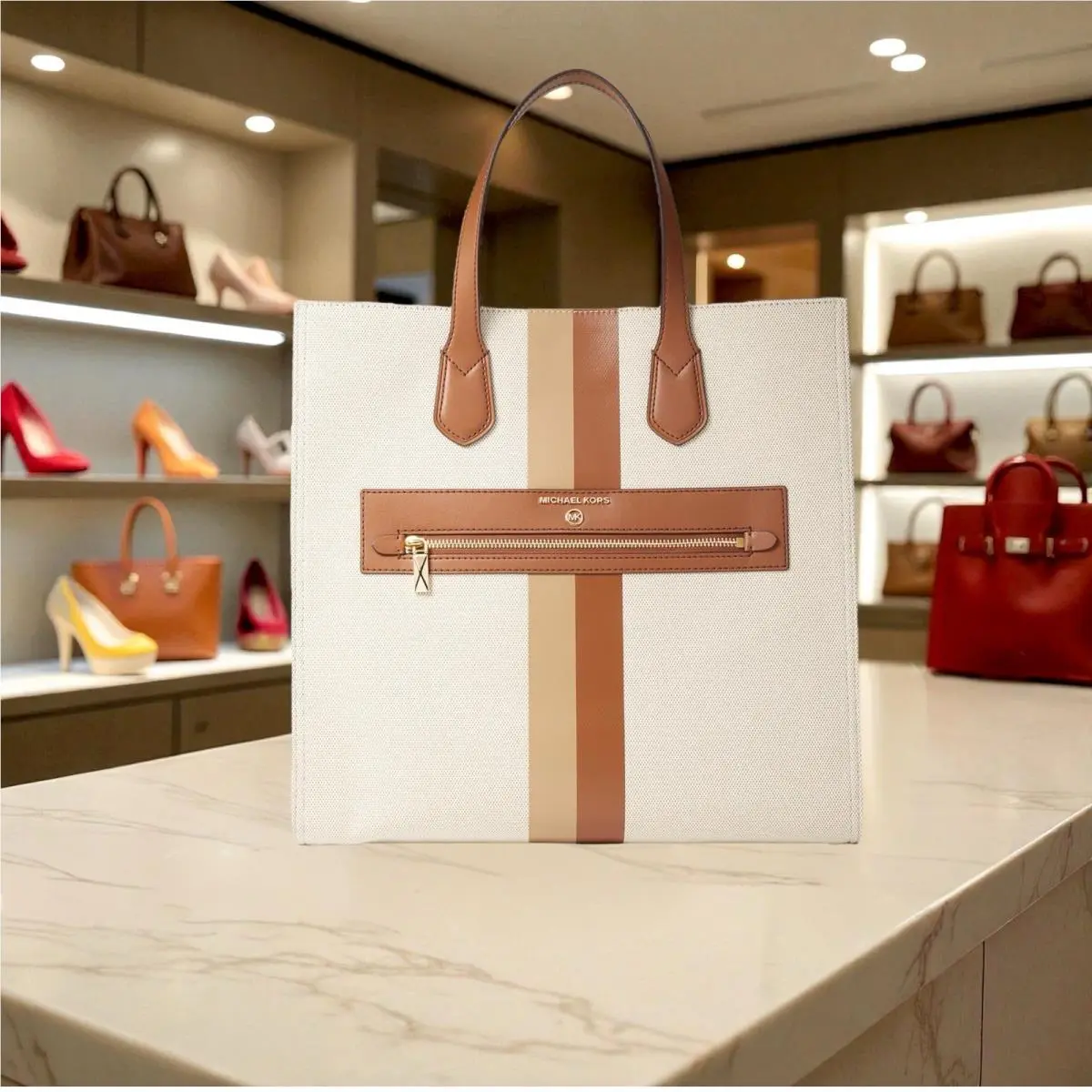 Brown Striped Kempner Large North South Canvas Tote by Michael Kors
