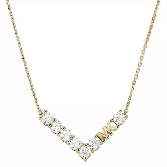 Michael Kors Gold Tone Crystals Logo V Shape Necklace MKJ7313