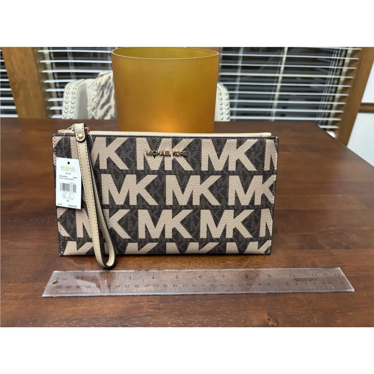 Michael Kors Jet Set Large Travel Flat Phone Case Wallet Zip Wristlet Camel