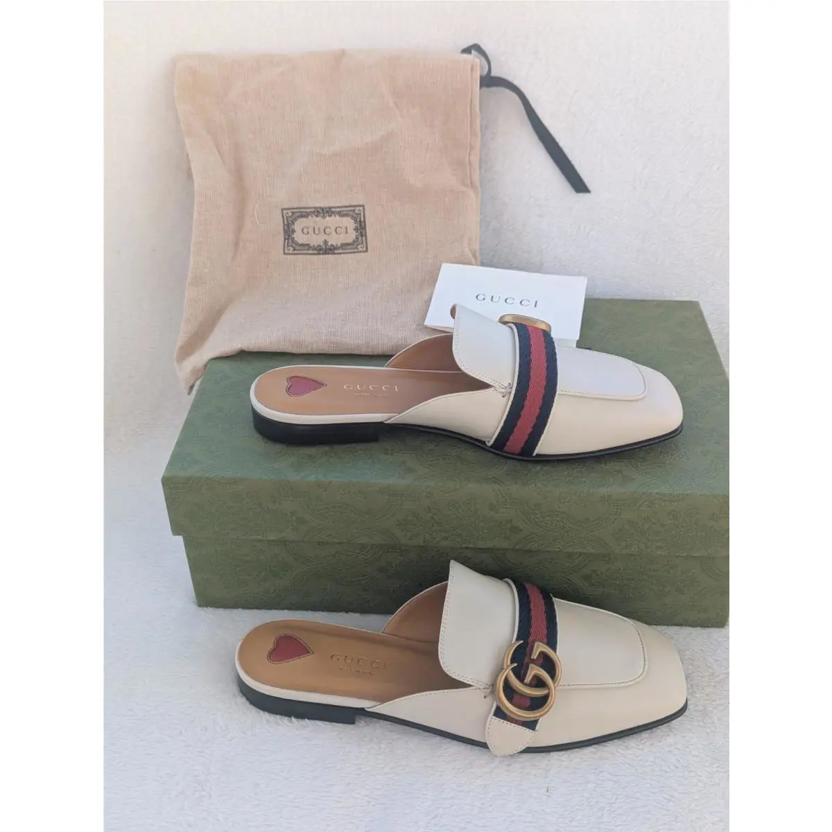 Size 5 Women`s Gucci Betis Glamour Peyton GG White/b.r.b Slide On Loafers