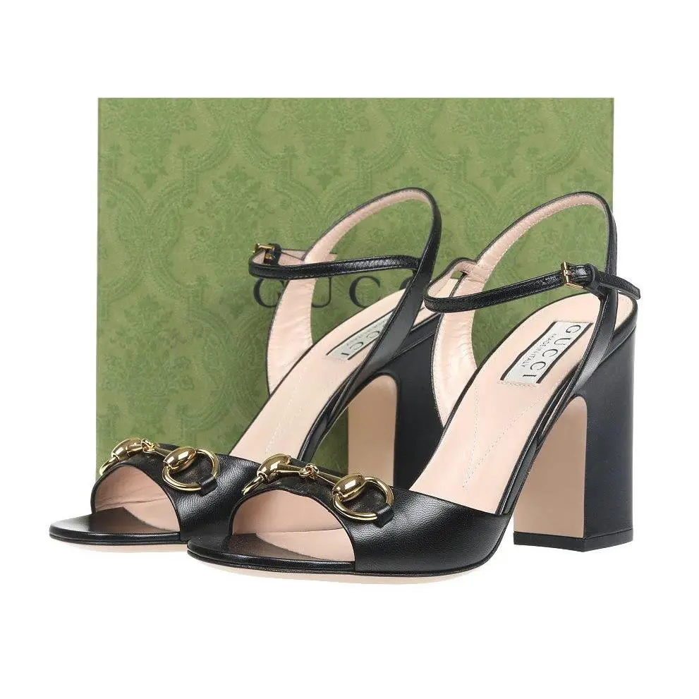 Luxury Black Leather Horsebit Heels Sandals Shoes 40/US 10 by Gucci