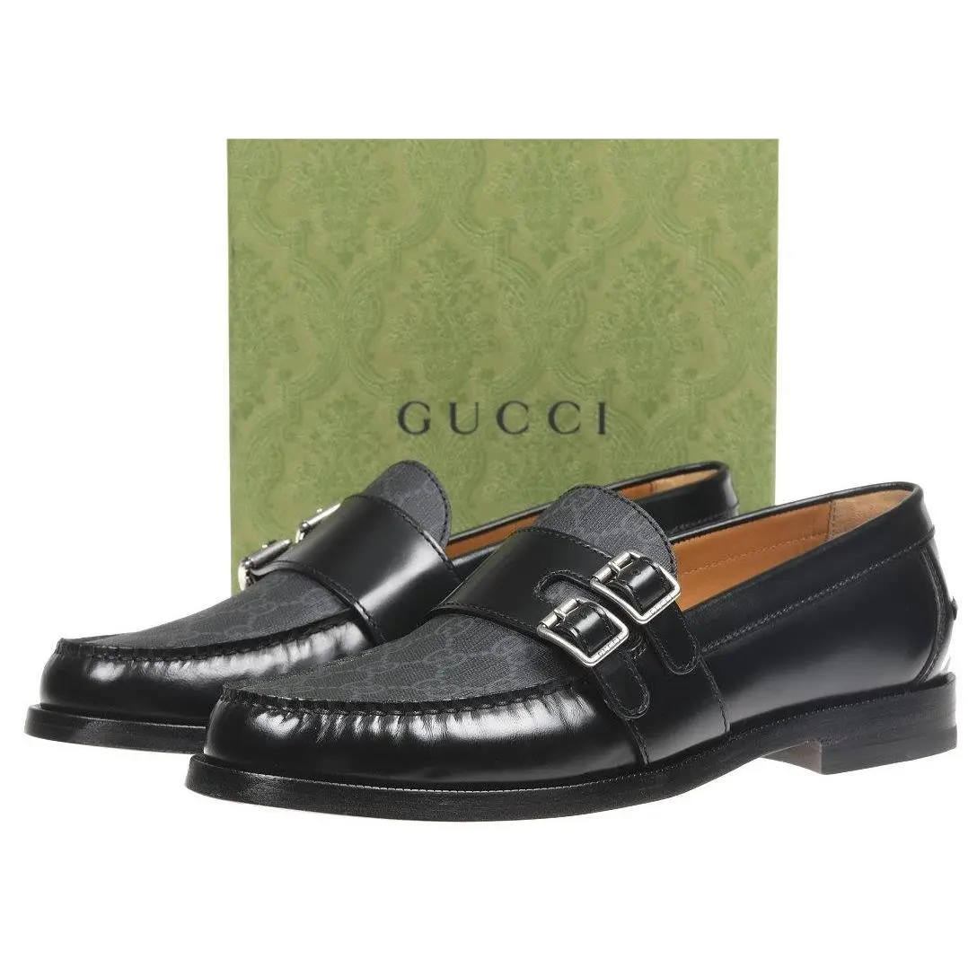 Gucci Luxury Black Smooth Leather GG Guccissima Logo Buckle Shoes 8/US 8.5