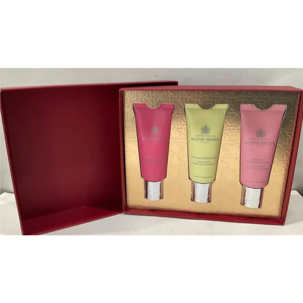 Molton Brown Hand Cream3 pc Gift Set Fiery Pink Pepper 40ml Orange Rose 1.4oz