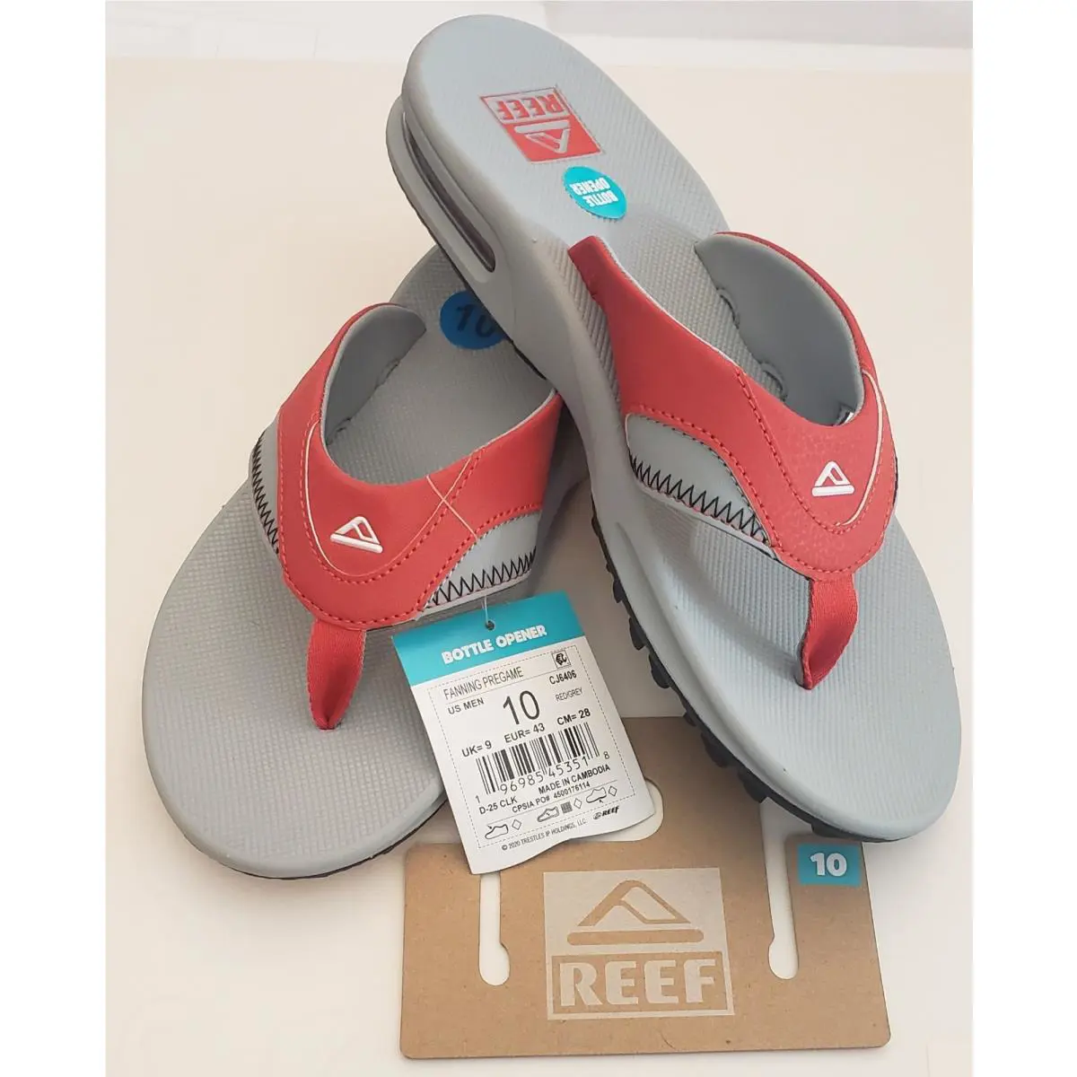 Reef Fanning Pregame Sandals Men`s 10 Unc Red/ Grey Flip Flop Bottle Opener