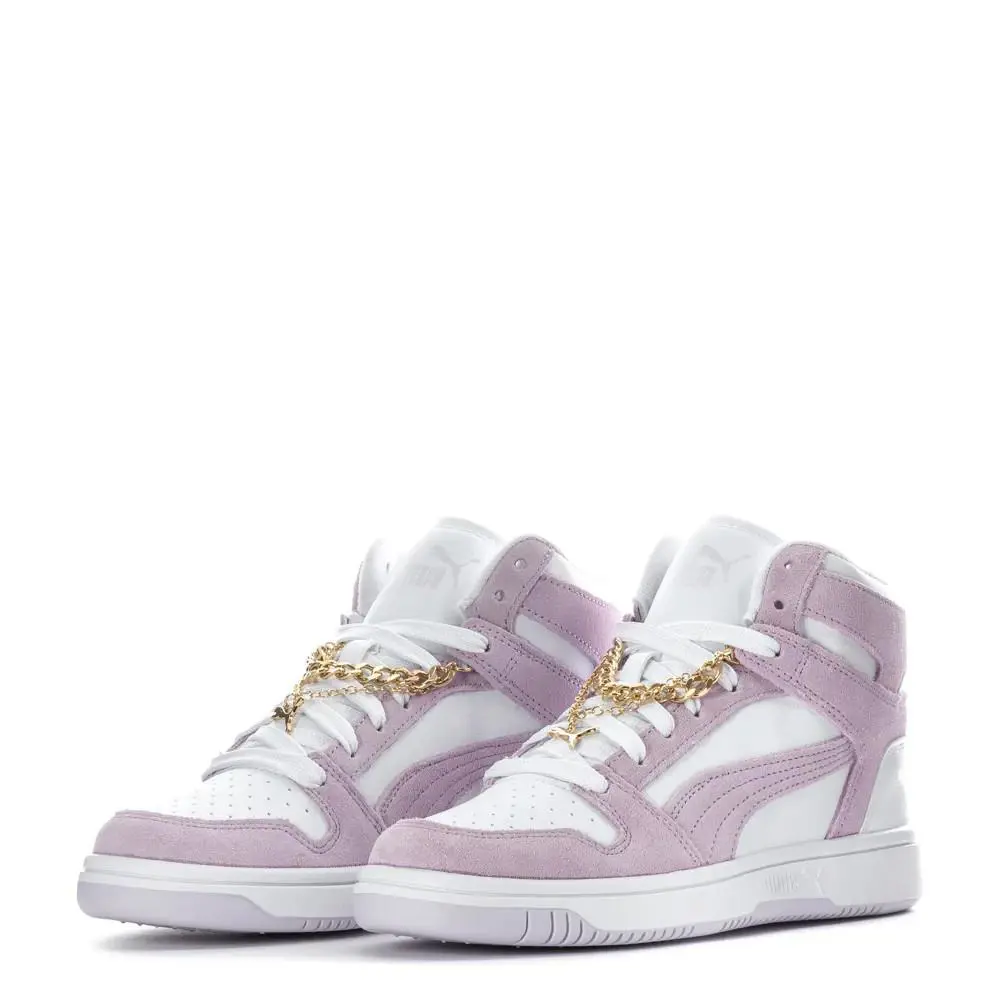 Puma Rebound Layup HI Trainer Sneakers Women Shoes Size 9 White/purple/gold/ - White/Lilac Frost - 401922-01