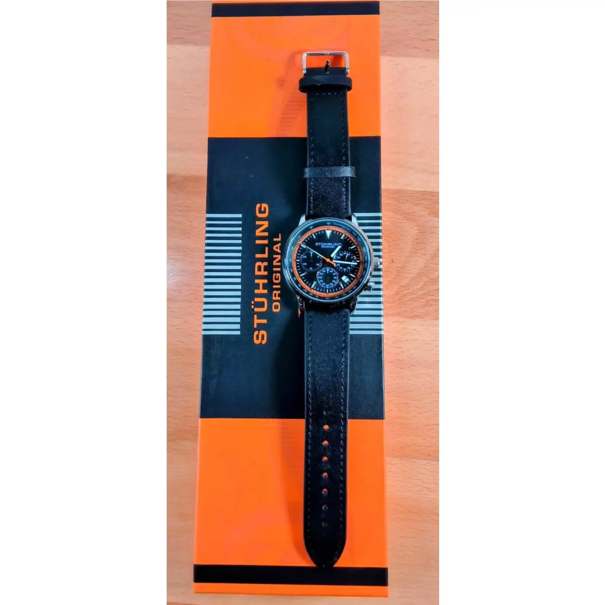 Stührling Men`s Chronograph Black Dial Orange Ring Black Strap