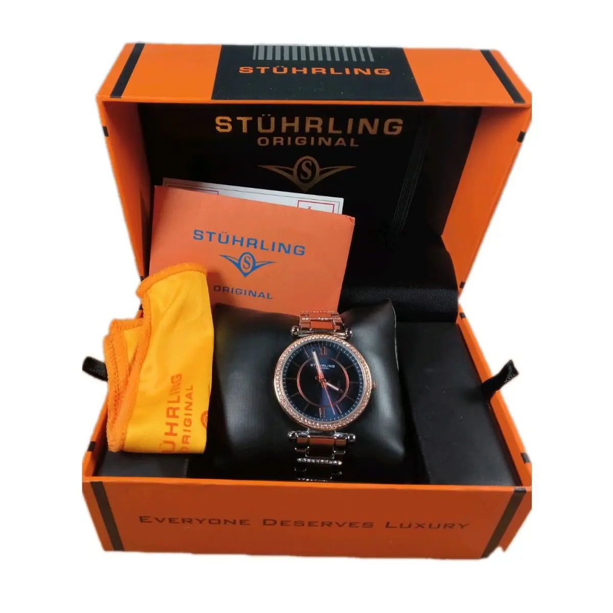 Stührling Women`s Two-tone Crystal Watch Blue Dial and Papers