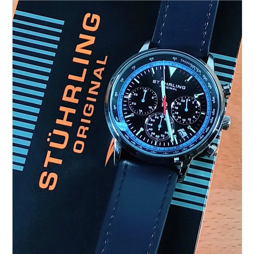 Stührling Men`s Chronograph Black Dial Blue Navy Leather Strap