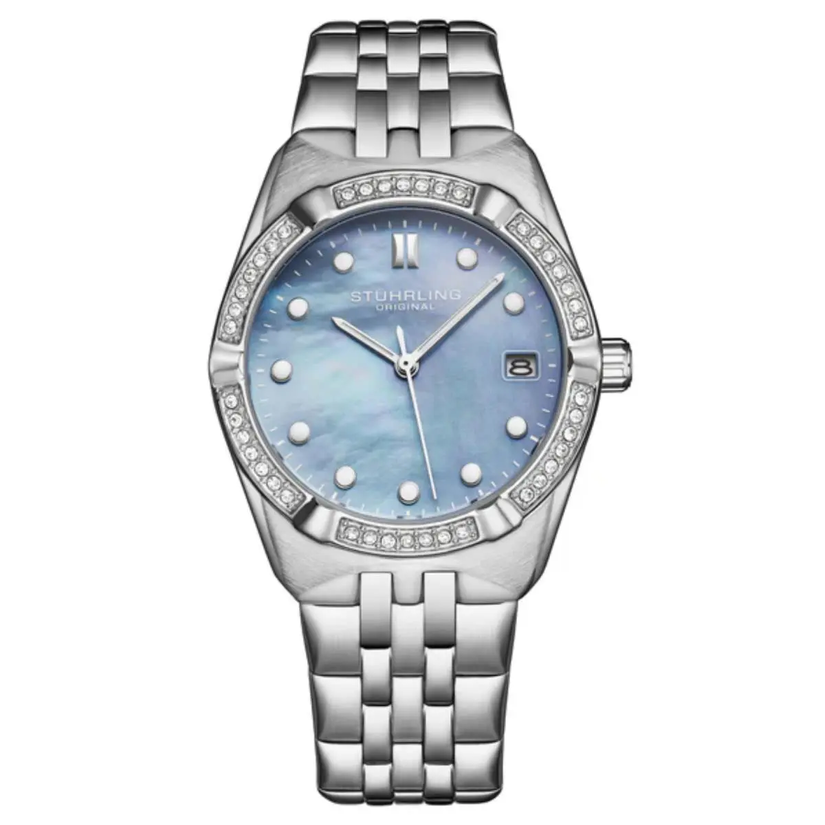 Stuhrling 4062 2 Quartz Blue Dial Classic Stainless Steel Date Womens Watch