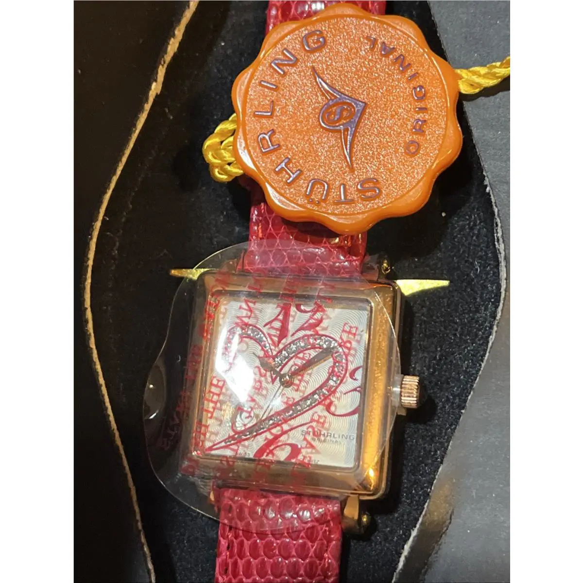 Stuhrling Courtly Diamond Heart Watch Red Lizard Band +box