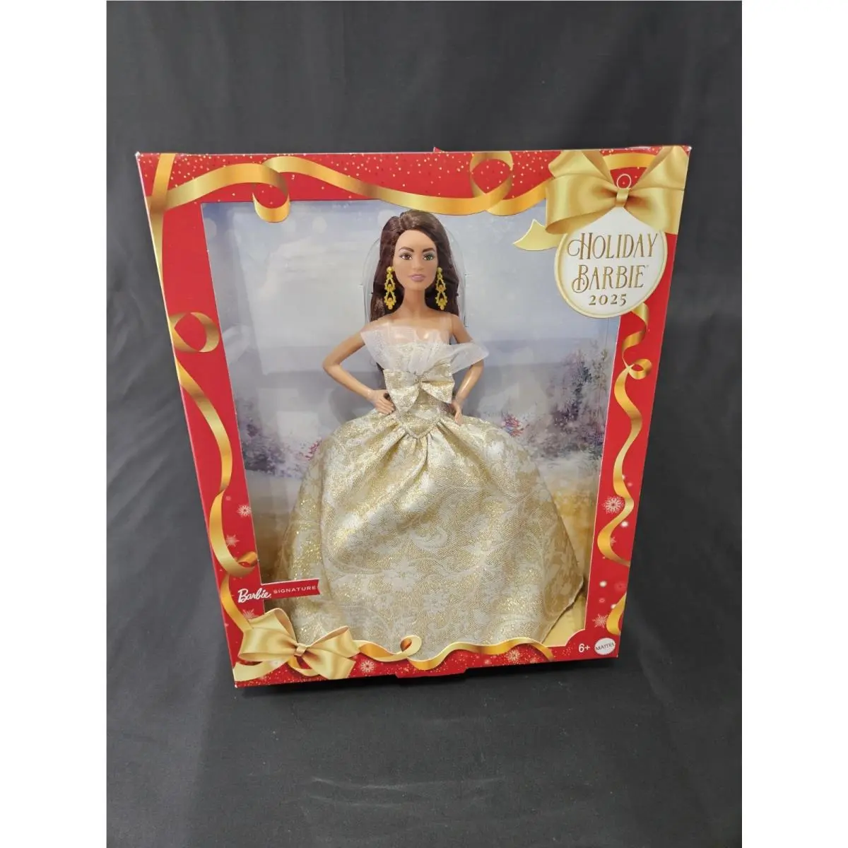 Barbie Signature 2025 Holiday Dark Brown Hair Fashion Doll Brunette Gold Gown