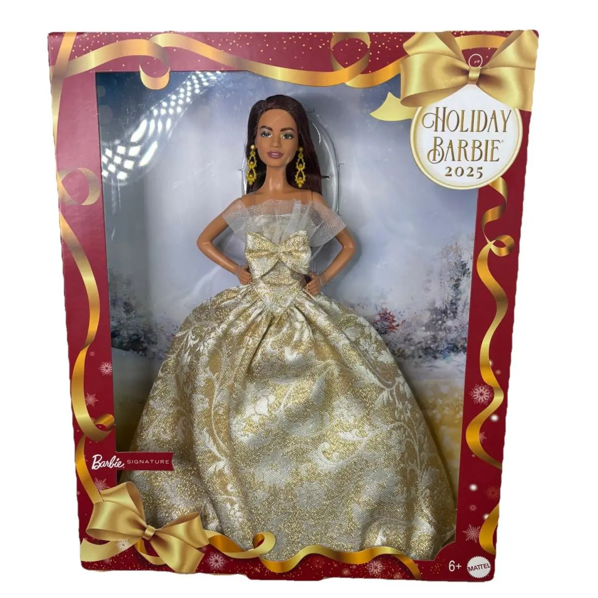 Holiday Barbie 2025 Dark Brown Hair Fashion Doll Wearing Gold Gown