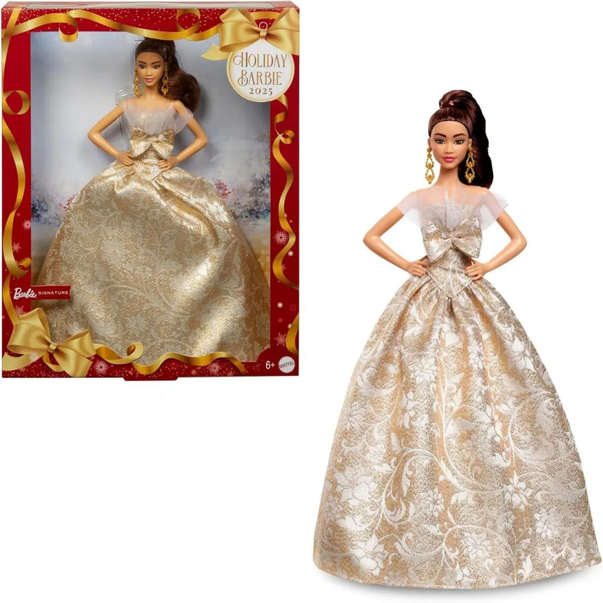 Barbie Signature 2025 Holiday Light Brown Hair Doll Wearing Silver Gold Gown