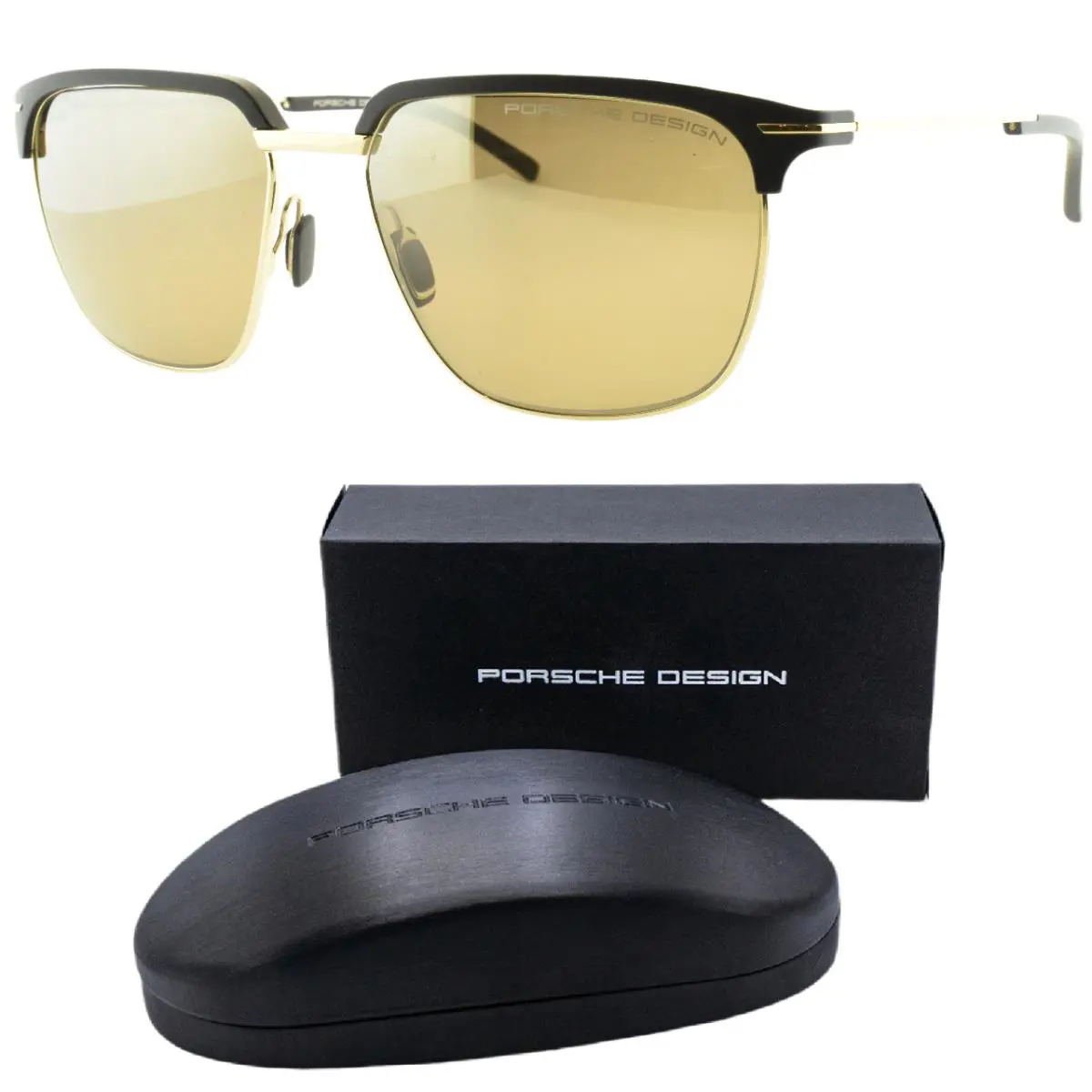 Porsche P8698 A 55-16-145 Black Gold Square Full Rim Mens Sunglasses