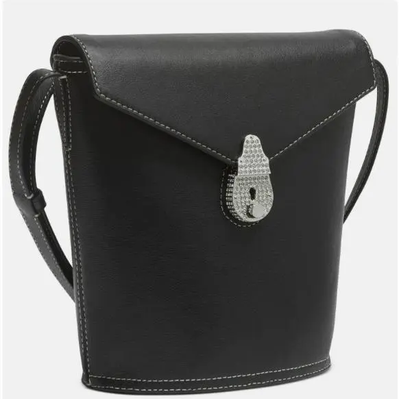 Calvin Klein Bucket Crossbody Charm Black Leather Silver Rhinestone Pushlock