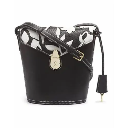 Calvin Klein Bucket Bag Crossbody Snake Embossed Leather Flap Gold Pushlock - Handle/Strap: Black, Hardware: Gold, Exterior: Black/ White