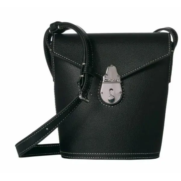 Calvin Klein Crossbody Bucket Bag Black Leather Silver Logo Engraved Pushlock - Handle/Strap: Black, Hardware: Silver, Exterior: Black